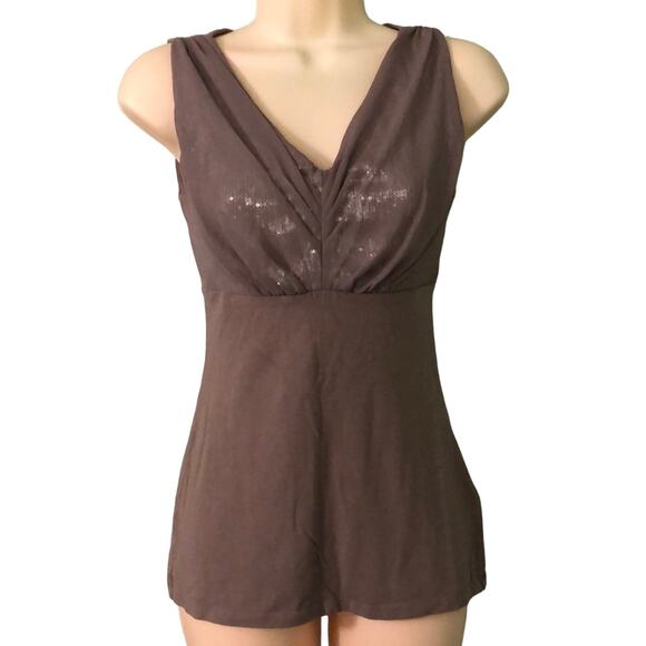 Express XS Brown Knit Top Sequins and Chiffon Empire Waist in front - Picture 1 of 7